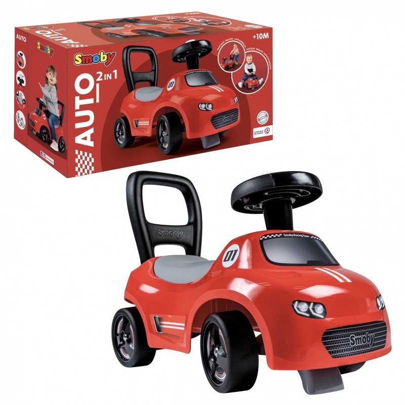 8. Smoby red ride-on car with horn and packaging, highlighting product features and age suitability