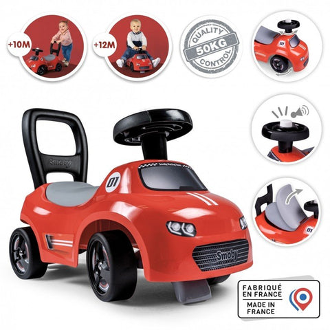 2. Smoby red ride-on car with horn, ergonomic backrest, and storage seat, shown with product features and quality control icons