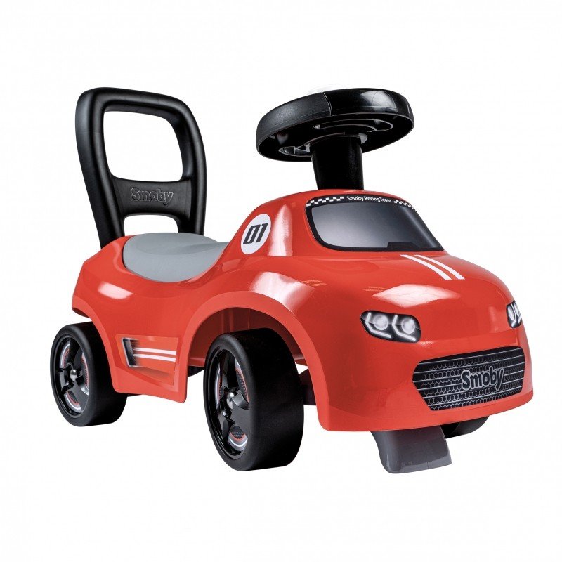 7. Smoby red ride-on car with horn, ergonomic backrest, and storage seat, shown in studio lighting
