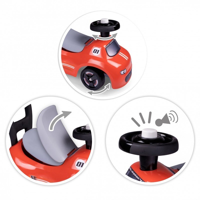 3. Close-up details of Smoby red ride-on car showing horn, seat storage, and wheel design