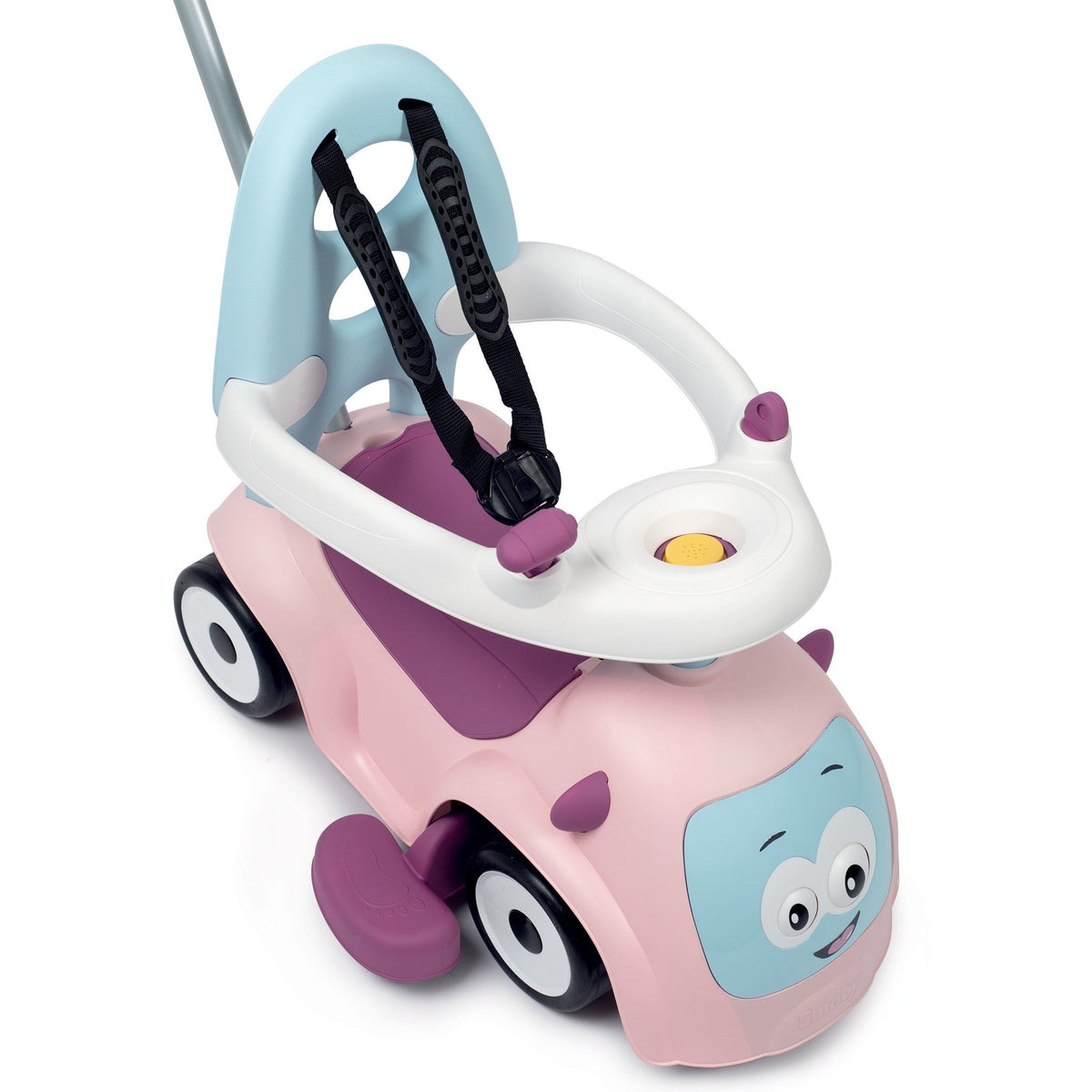 14. Smoby Ride-on Maestro 3in1 in pink with safety ring and push handle, shown in a studio setting