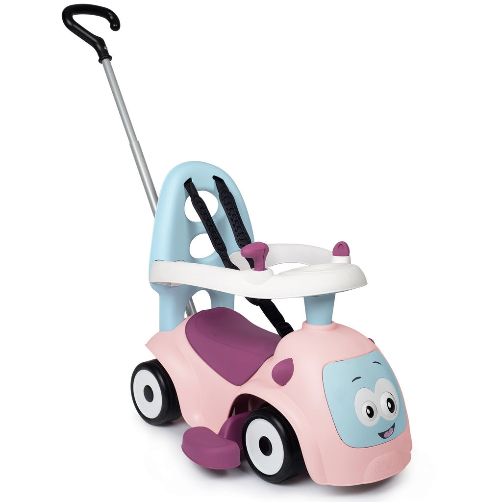 1. Smoby Ride-on Maestro 3in1 in pink with blue accents, featuring a push handle and smiling face design, shown in a studio setting