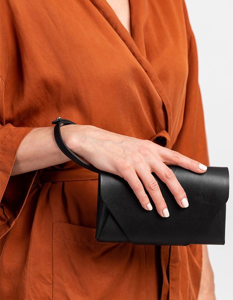 12. Woman holding black leather Stella Soomlais Capital of Plenty clutch-wallet with wrist strap