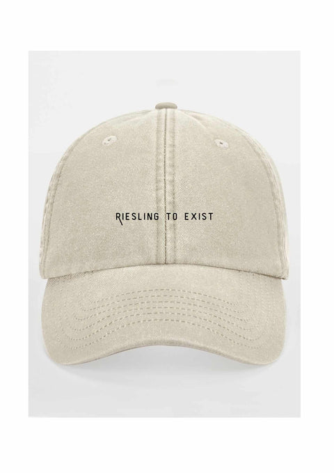 4. Front view of beige 'Riesling to Exist' cap with vintage wash and adjustable strap
