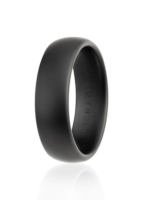 2. Men's matte black ceramic ring by Leomani with smooth finish, shown in studio lighting highlighting its sleek design and modern elegance