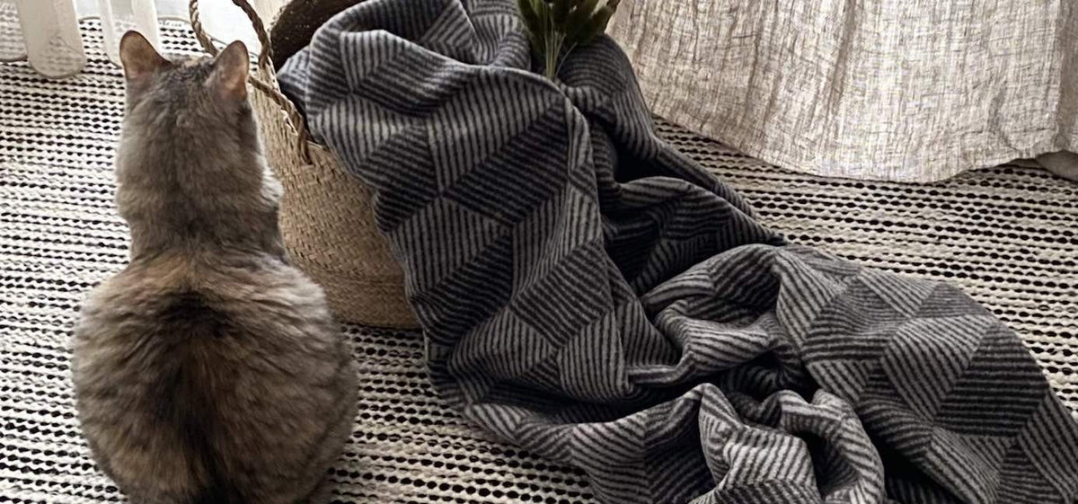 1. Gray cat sitting next to Labbvenn Rino Blanket in grayish tones with geometric patterns, draped over a woven basket on a textured rug in a cozy interior setting