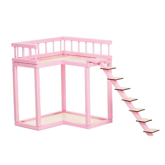 1. Pink wooden dollhouse balcony with stairs, designed for Rose dollhouse, shown on white background