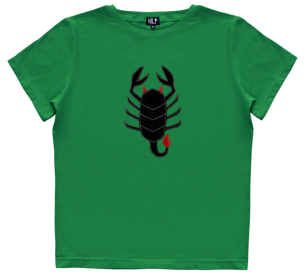 1. Women's Scorpio T-shirt by HILP in green, featuring a black scorpion design, studio shot