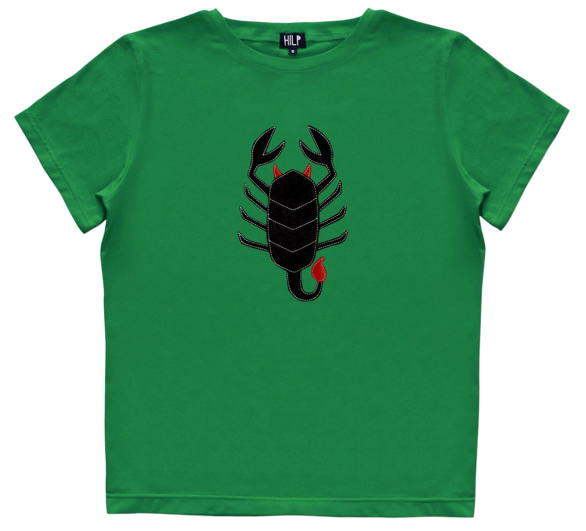 1. Women's Scorpio T-shirt by HILP in green, featuring a black scorpion design, studio shot