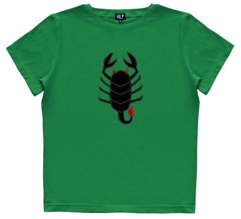 1. Women's Scorpio T-shirt by HILP in green, featuring a black scorpion design, studio shot