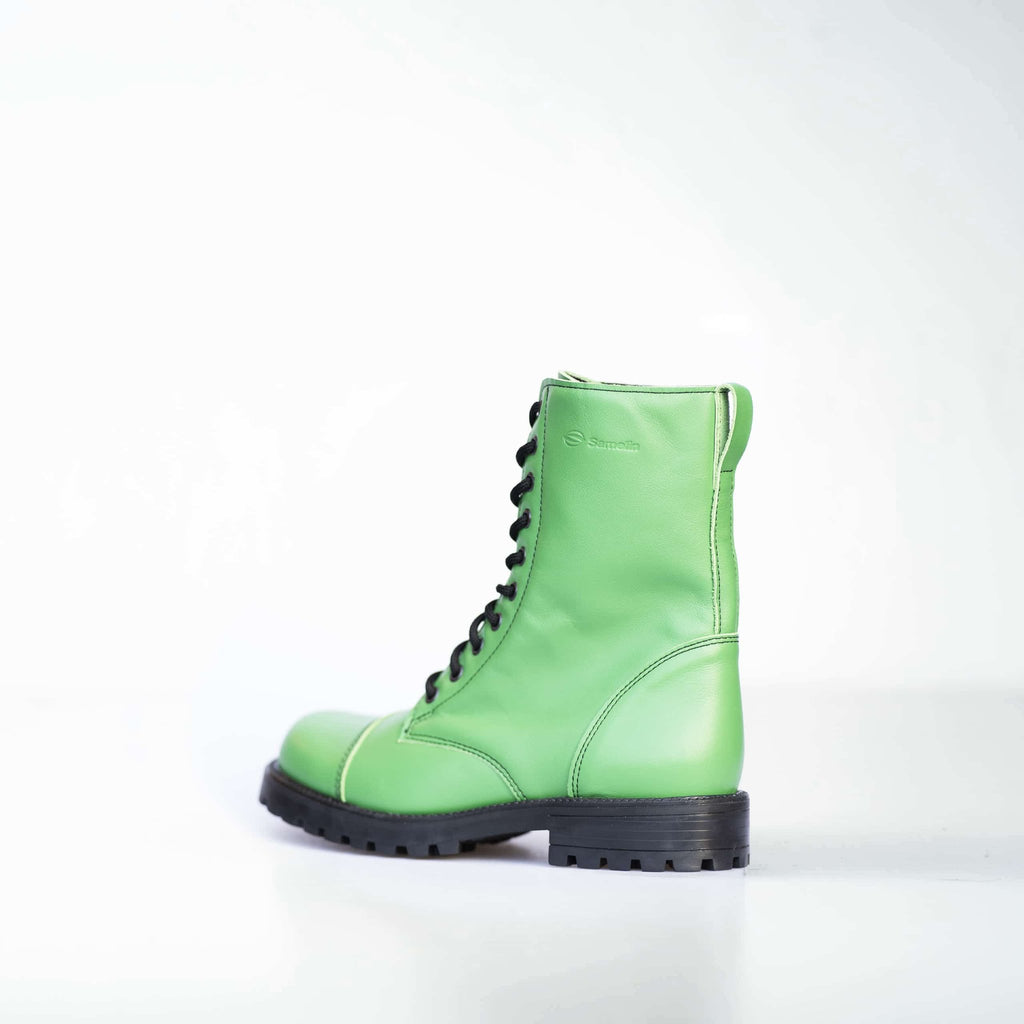 2. Side view of unisex Samelin 511 Granny Smith boots in green leather, studio shot