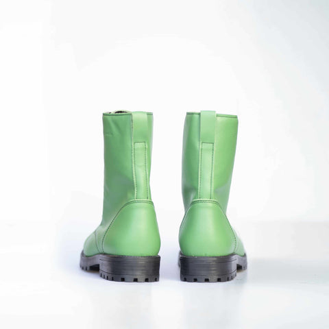 4. Unisex green Samelin 511 Granny Smith boots with zipper, back view in studio