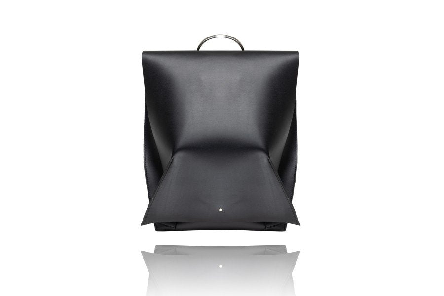 4. Front view of PYKOK Backpack Romeo in black leather, studio setting highlighting sleek design
