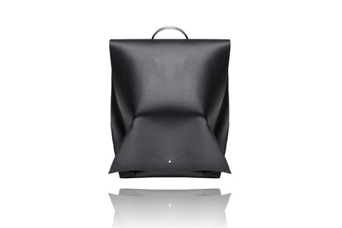 4. Front view of PYKOK Backpack Romeo in black leather, studio setting highlighting sleek design