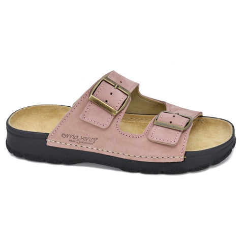 2. Side view of Omaking Meeliku pink leather sandal with adjustable buckle straps