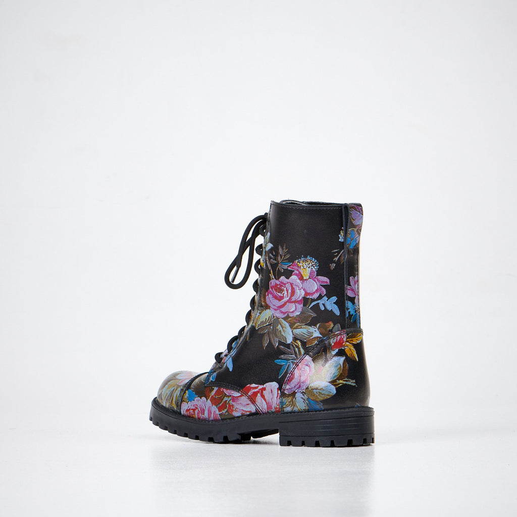 4. Rear angled view of Samelin 511 Pink Roses boots in black with pink rose pattern, showcasing durable sole