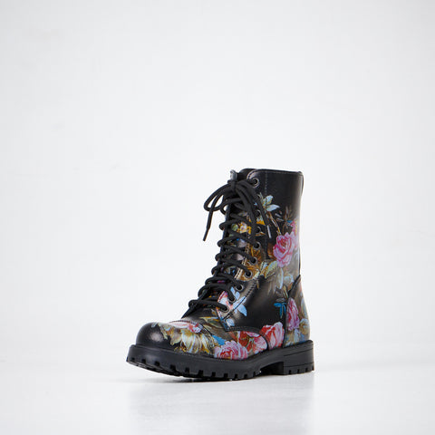 2. Front angled view of Samelin 511 Pink Roses boots in black with pink floral design, highlighting lace-up style