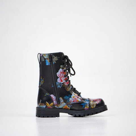 3. Side view of Samelin 511 Pink Roses boots in black with floral print, featuring zipper and lace-up closure