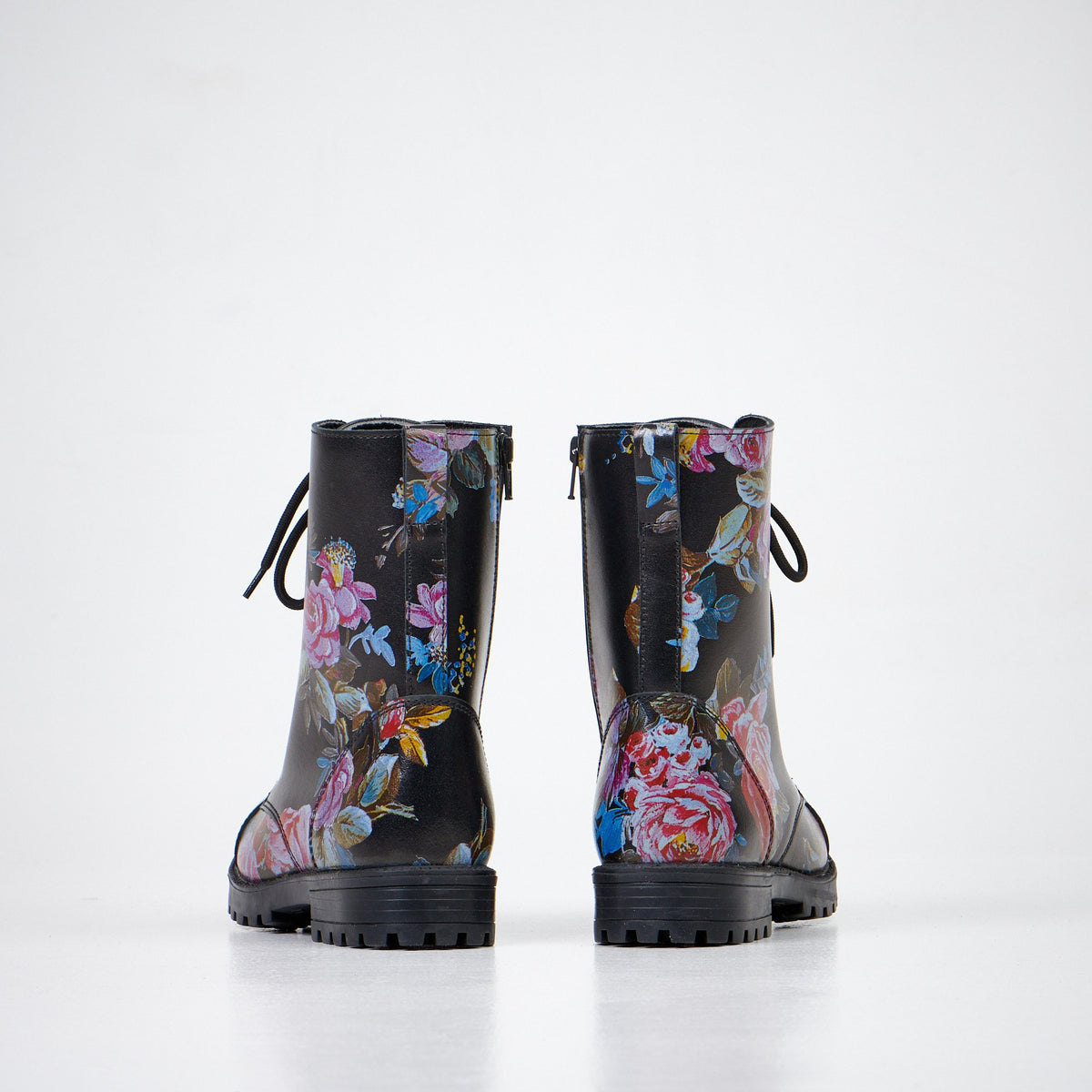 1. Back view of Samelin 511 Pink Roses boots in black with floral pattern, showing zipper and lace details