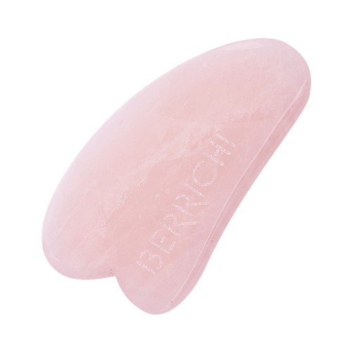 1. Berrichi Rose Quartz Gua Sha Massage Crystal in studio setting, highlighting smooth pink surface and engraved branding