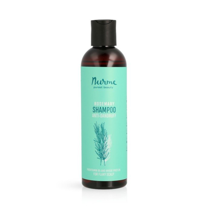 3. Nurme rosemary anti-dandruff shampoo bottle with teal label and black cap on white background