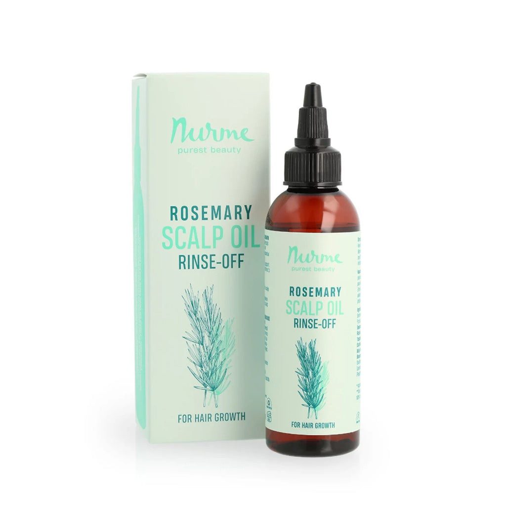 2. Nurme Rosemary Scalp Oil bottle and packaging on white background highlighting product details