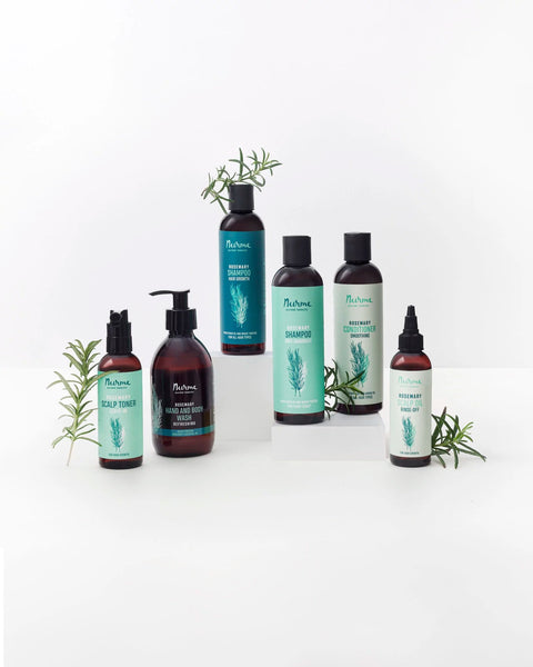 1. Collection of Nurme products including rosemary hand and body wash, scalp toner, and shampoo, arranged with rosemary sprigs on white background