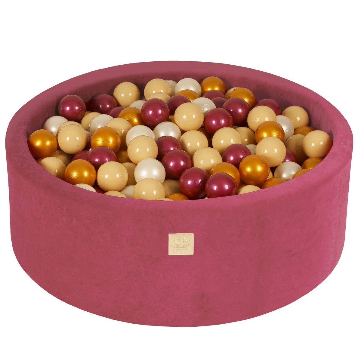 1. MeowBaby round ball pit in raspberry red velvet filled with gold, beige, and burgundy balls, designed for children's sensory play and motor skill development.