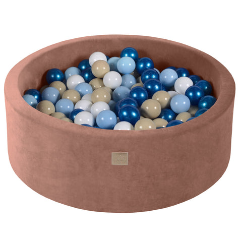 Round Ball Pit With 200 Blue/White/Beige Balls, 90x30cm - Beige Velvet