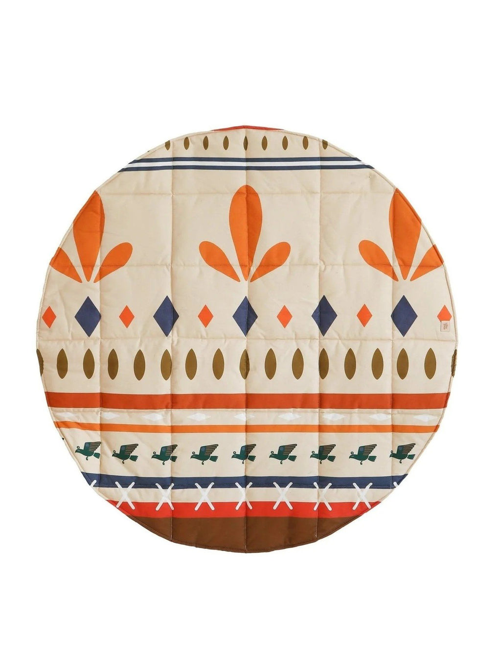 3. Round cotton mat with Native Vibe print featuring geometric patterns in orange, blue, and brown on a beige background
