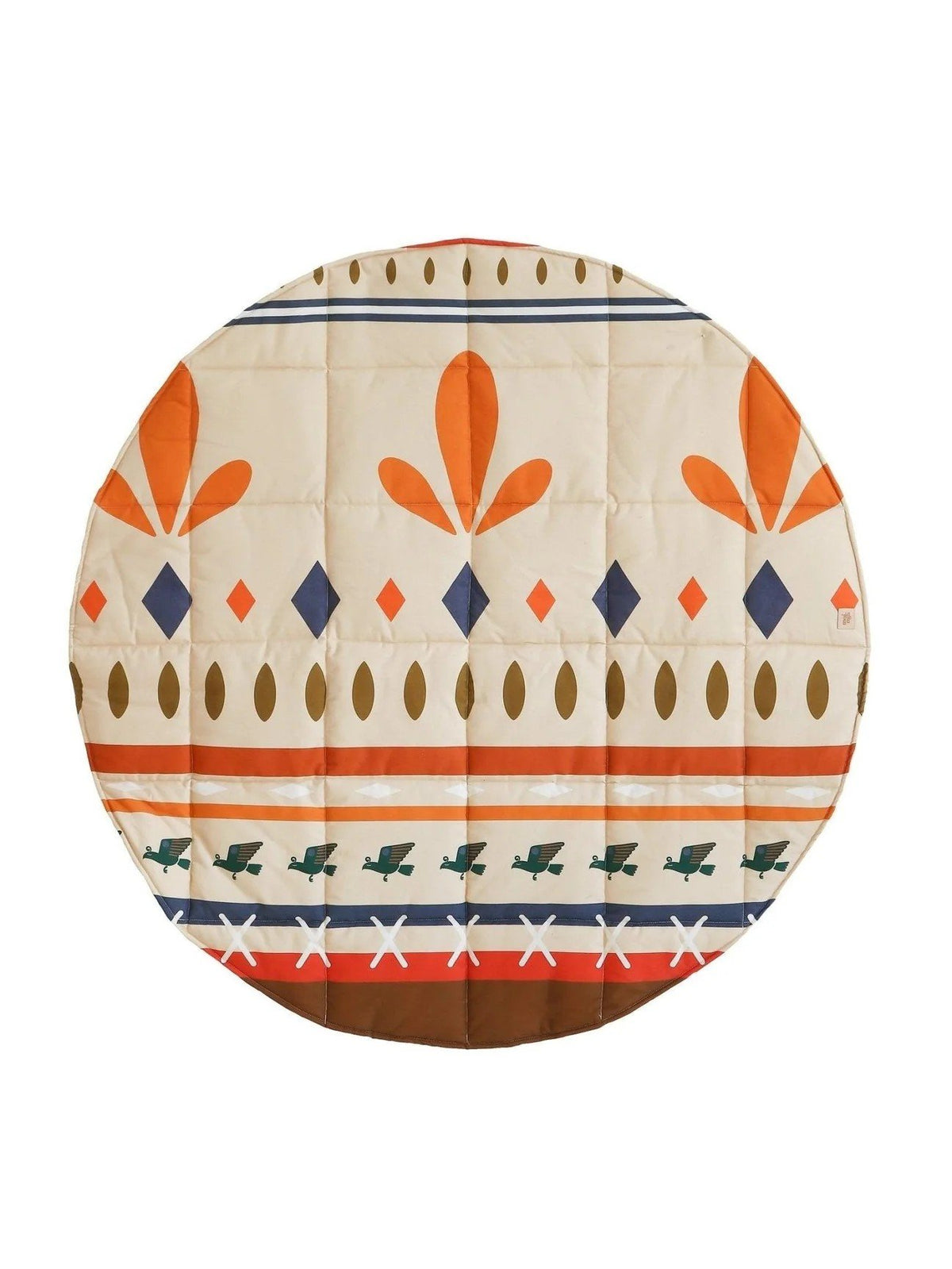 3. Round cotton mat with Native Vibe print featuring geometric patterns in orange, blue, and brown on a beige background
