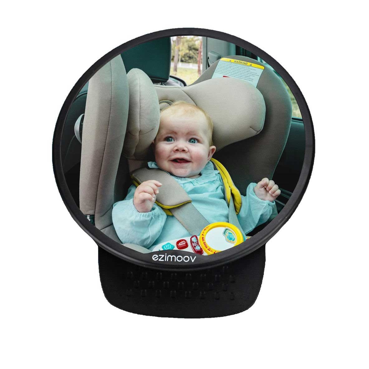 1. Baby in car seat visible through Ezimoov round rear-facing mirror attached to headrest
