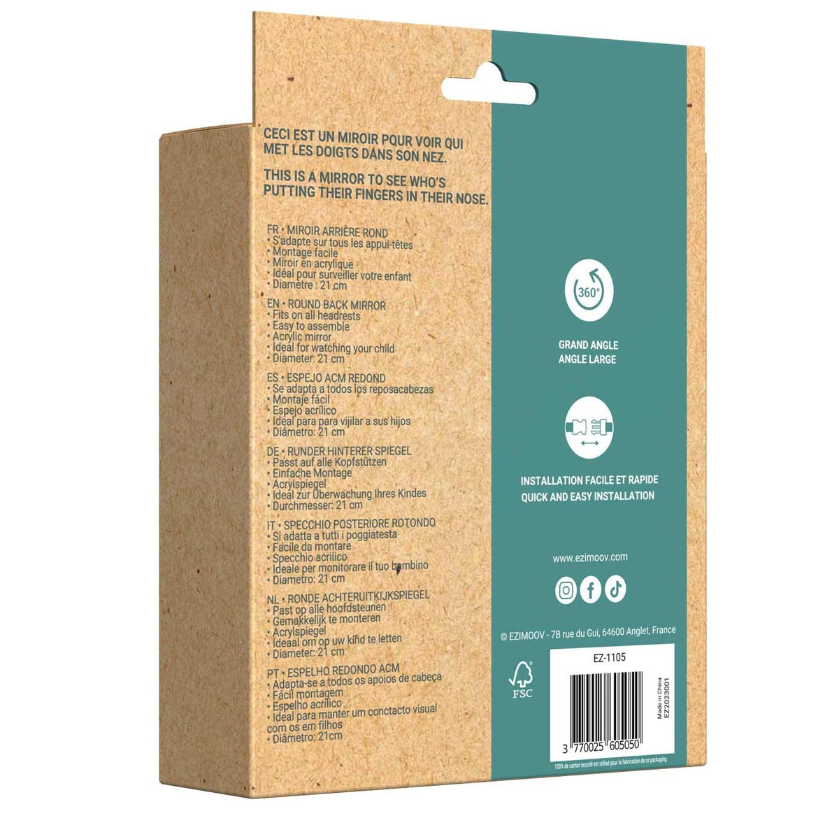 2. Back view of Ezimoov EZI MIRROR ROUND packaging with product details