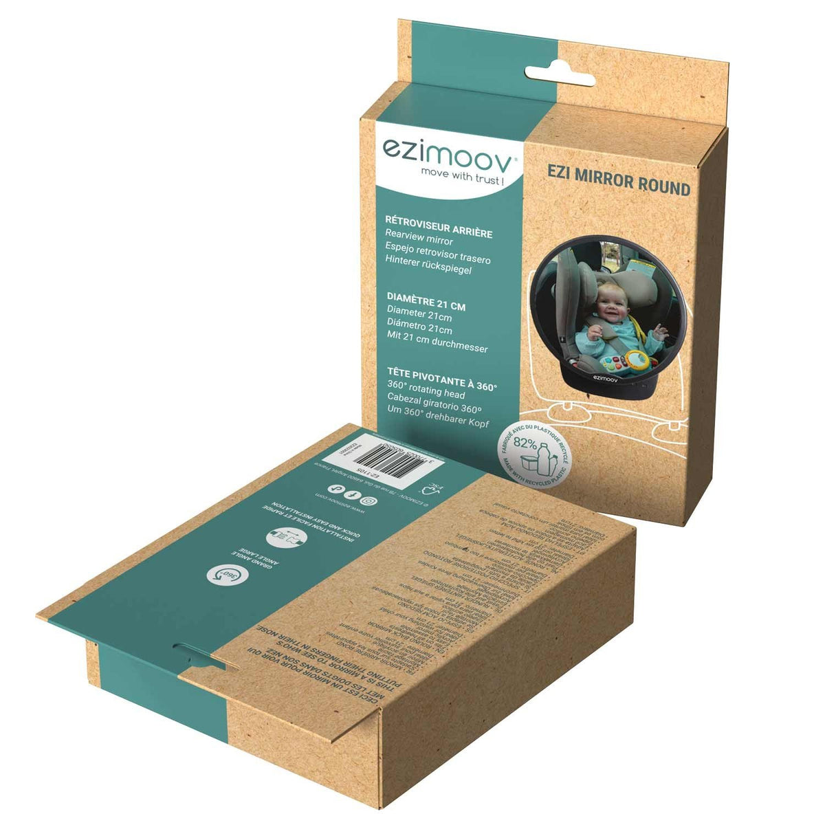 2. Ezimoov EZI MIRROR ROUND packaging showing product features and dimensions