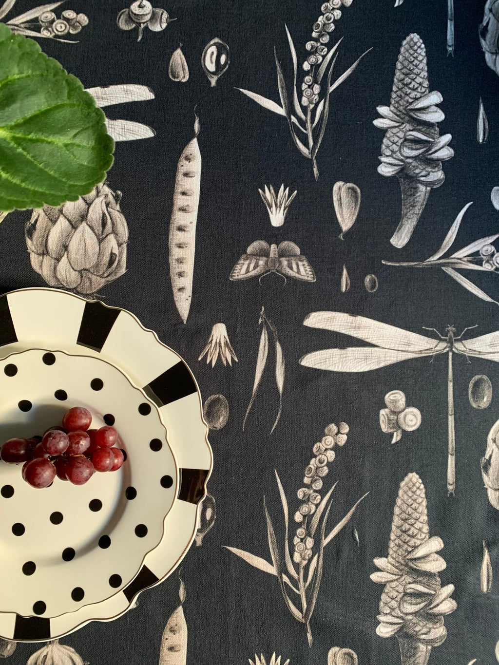 2. Close-up of black Seeds Carbon print tablecloth with artichoke and pea pod designs, featuring a black and white polka dot plate with grapes and a green leaf