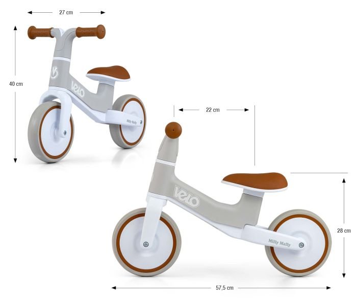 1. Size chart for Milly Mally VELO balance bike showing dimensions including total length, width, height, and seat height in centimeters