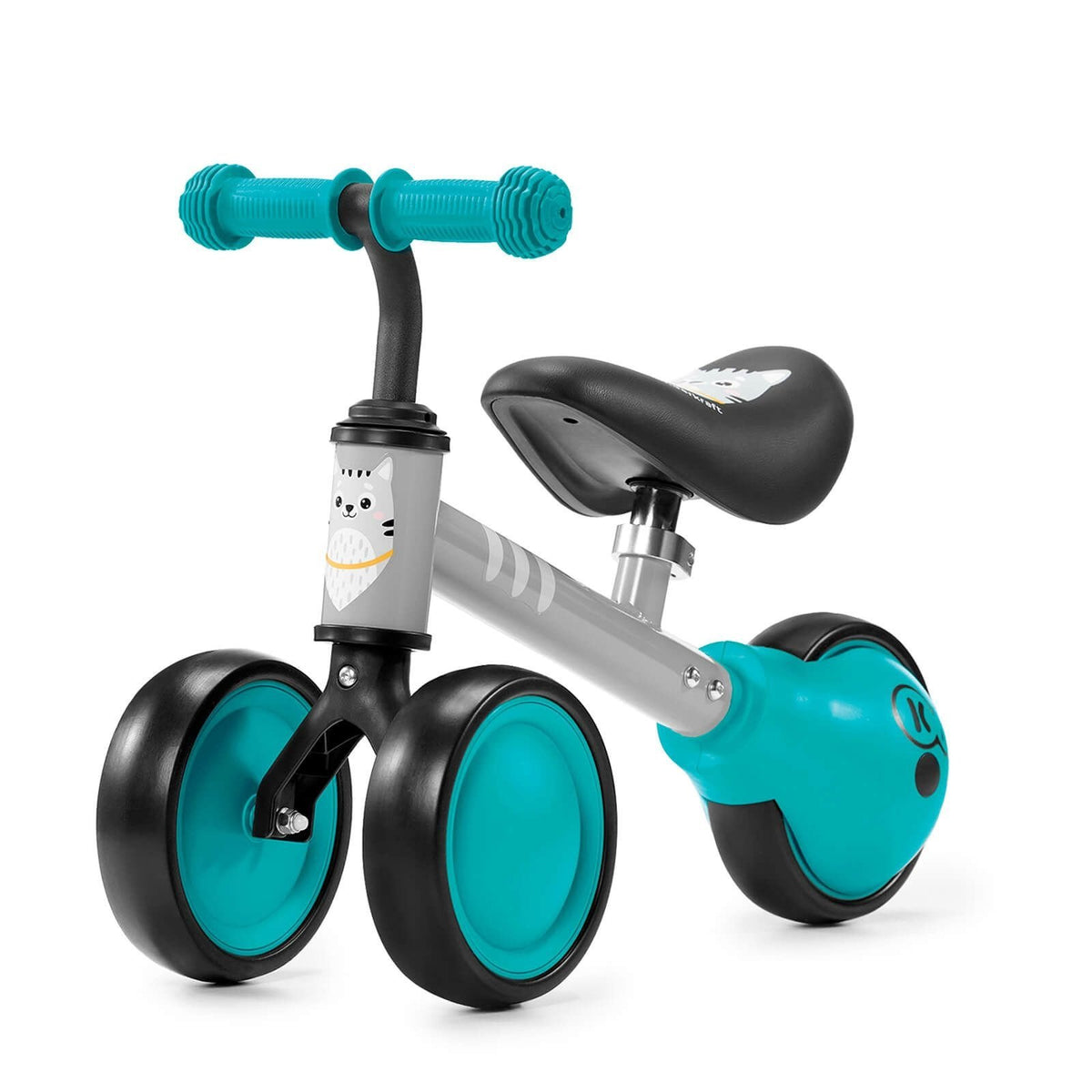 2. Turquoise and grey Kinderkraft CUTIE balance bike with kitten print and black seat in studio setting