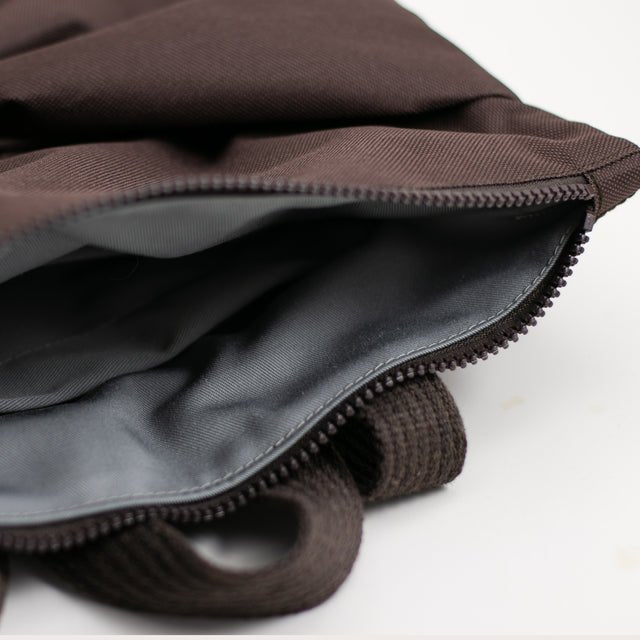 10. Close-up of MUNI backpack interior, showing grey fabric lining and zipper closure