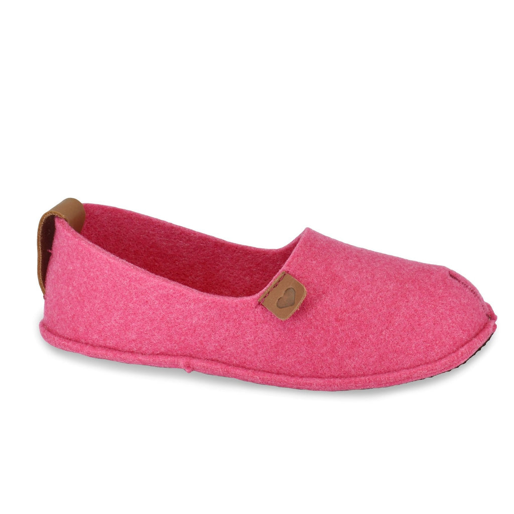 1. Women's Öko-Toku pink slippers by OmaKing, made from recycled plastic bottles, shown in studio side view