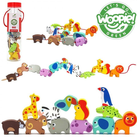 3. Woopie Let's Go Green safari animal threading blocks with packaging and logo