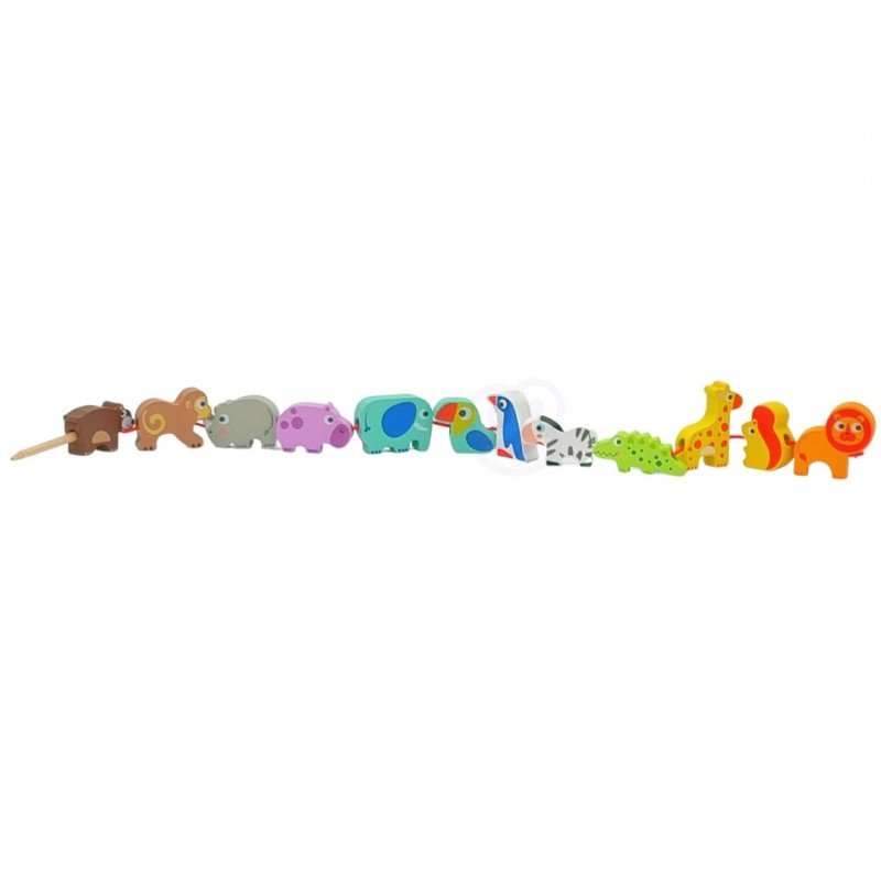 7. Line of safari animal shaped wooden threading blocks including lion, giraffe, and zebra