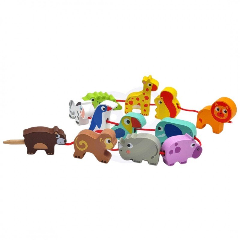 2. Set of colorful safari animal shaped wooden threading blocks including lion, giraffe, and monkey