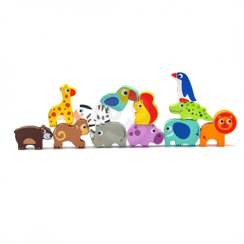 8. Group of colorful safari animal shaped wooden threading blocks stacked together