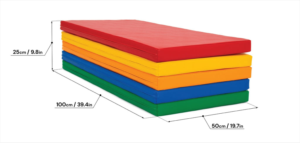 5. Size chart for multicolor mat set showing dimensions in centimeters and inches