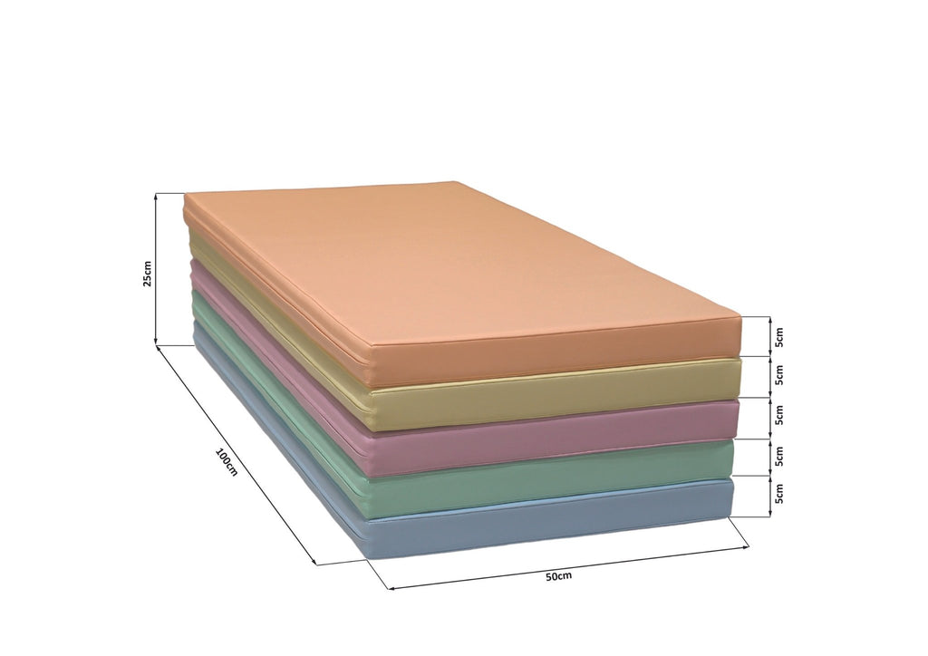 2. Stack of five pastel-colored mats with dimensions labeled, highlighting thickness and size for versatile use