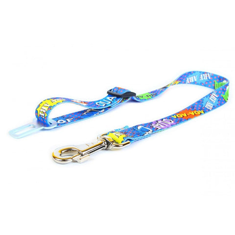 2. Matteo blue graffiti safety belt for dogs with metal clip and adjustable strap, shown on white background
