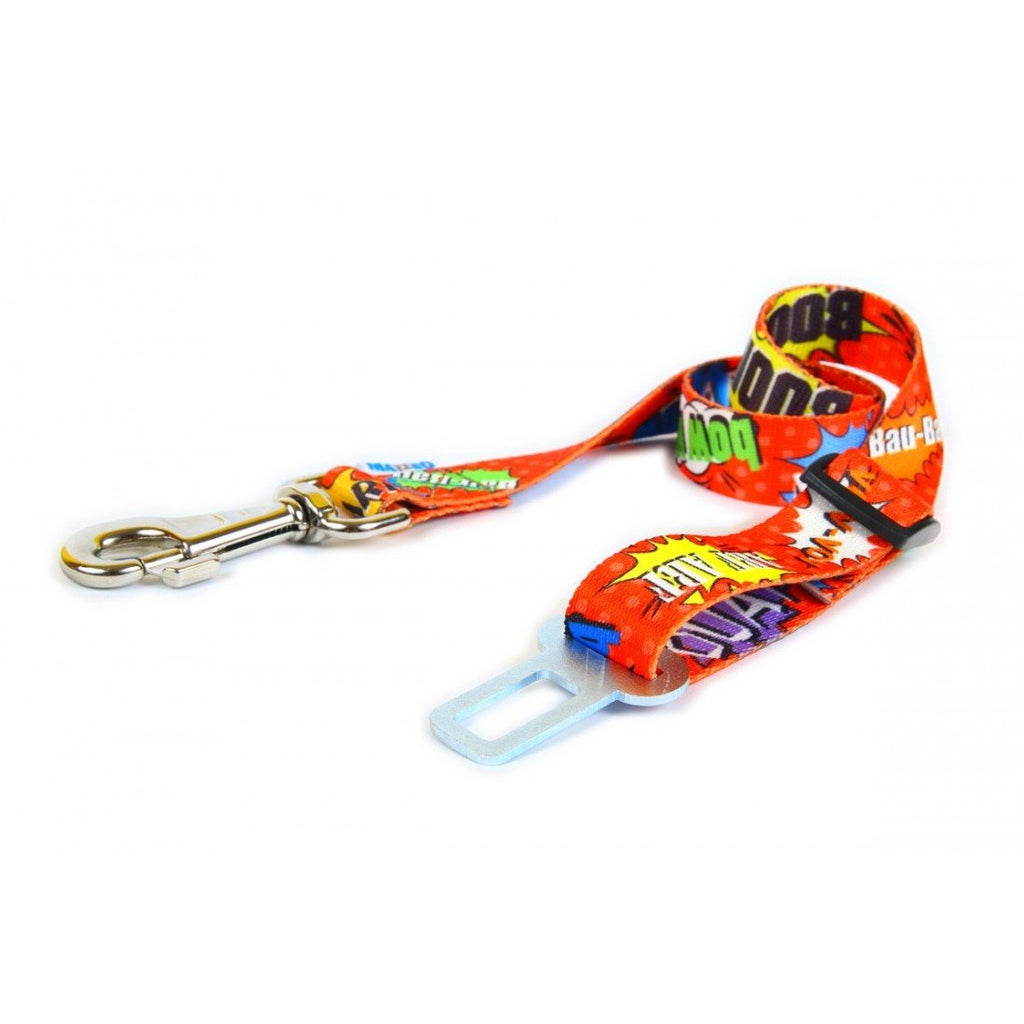 2. Red graffiti-patterned dog safety belt with metal clip and buckle attachment on white background