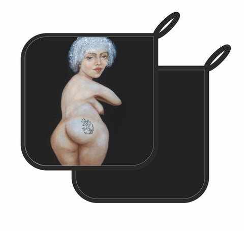 1. Artistic pot holder featuring a pinup-style painting of a woman with a sailor tattoo, designed by Katrin Valgemäe, blending classical and pop art elements, handmade in Estonia, polyester and cotton blend.