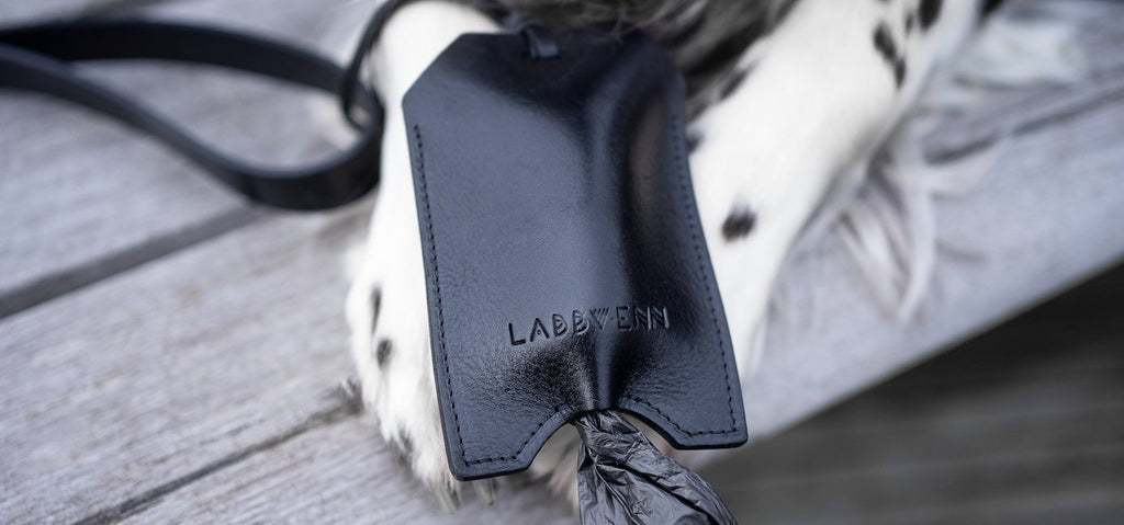 1. Black leather Saku bag dispenser by Labbvenn on a wooden surface with a dog's paws visible, showcasing luxury and functionality