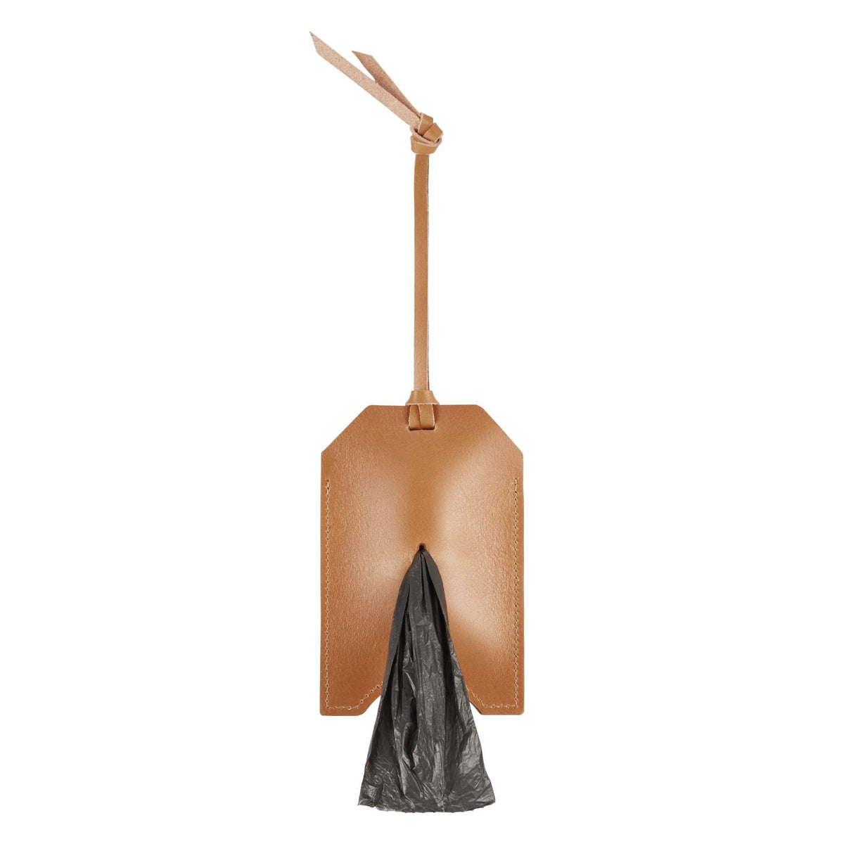 2. Camel-colored leather bag dispenser with black bag protruding, featuring a strap for attachment, shown against a white background